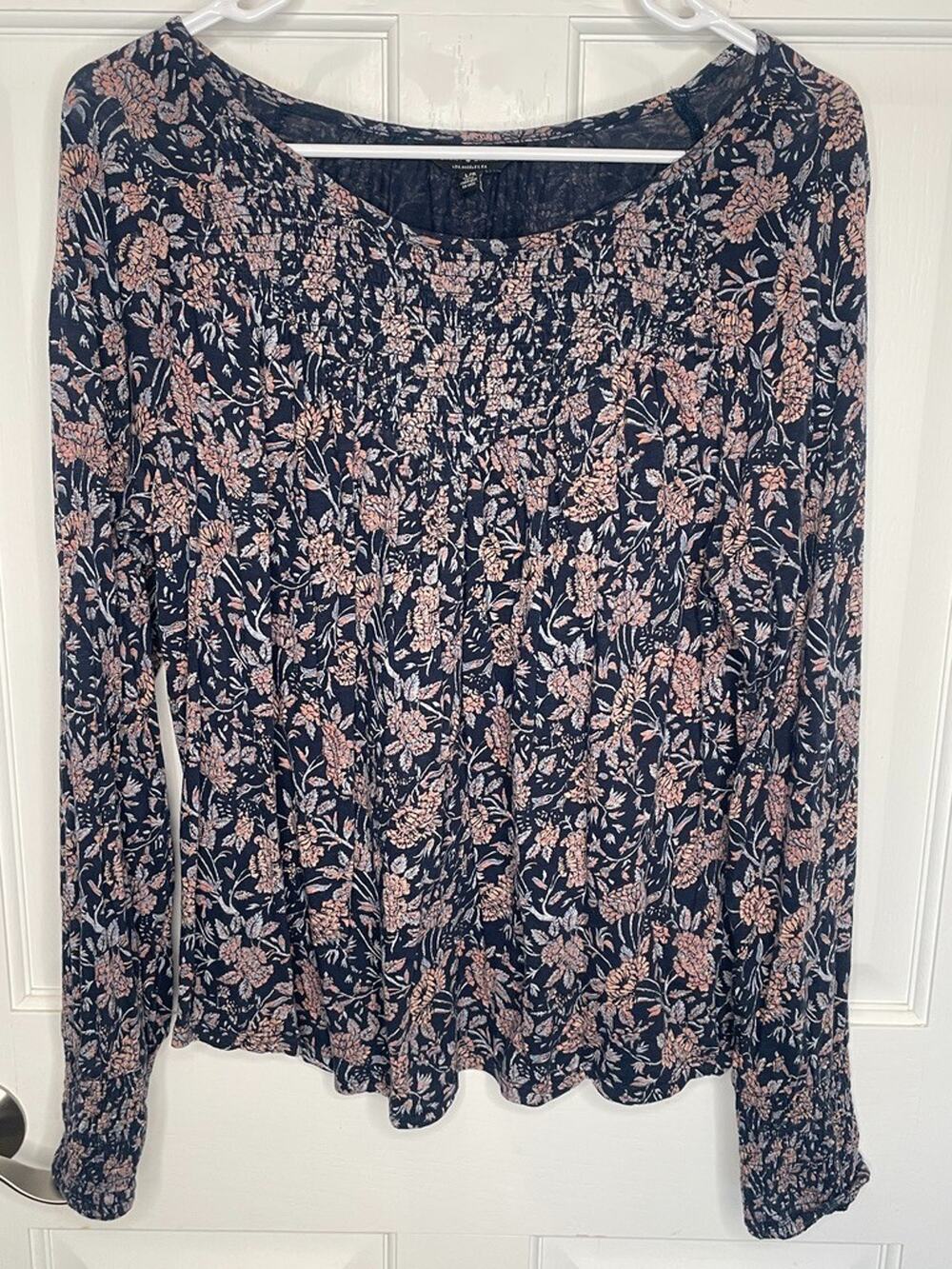 Lucky Brand Women's Floral Smocking Top Sz L Cotton Modal Flowy Boho Peasant